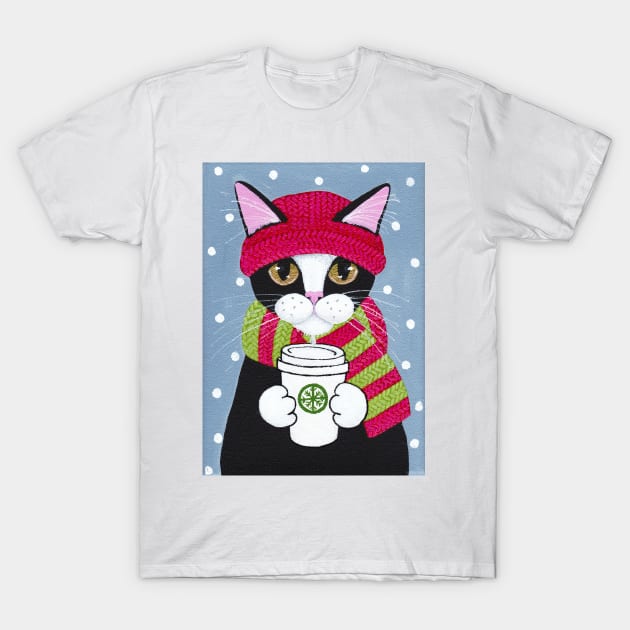 Winter Coffee Tuxedo Cat T-Shirt by KilkennyCat Art